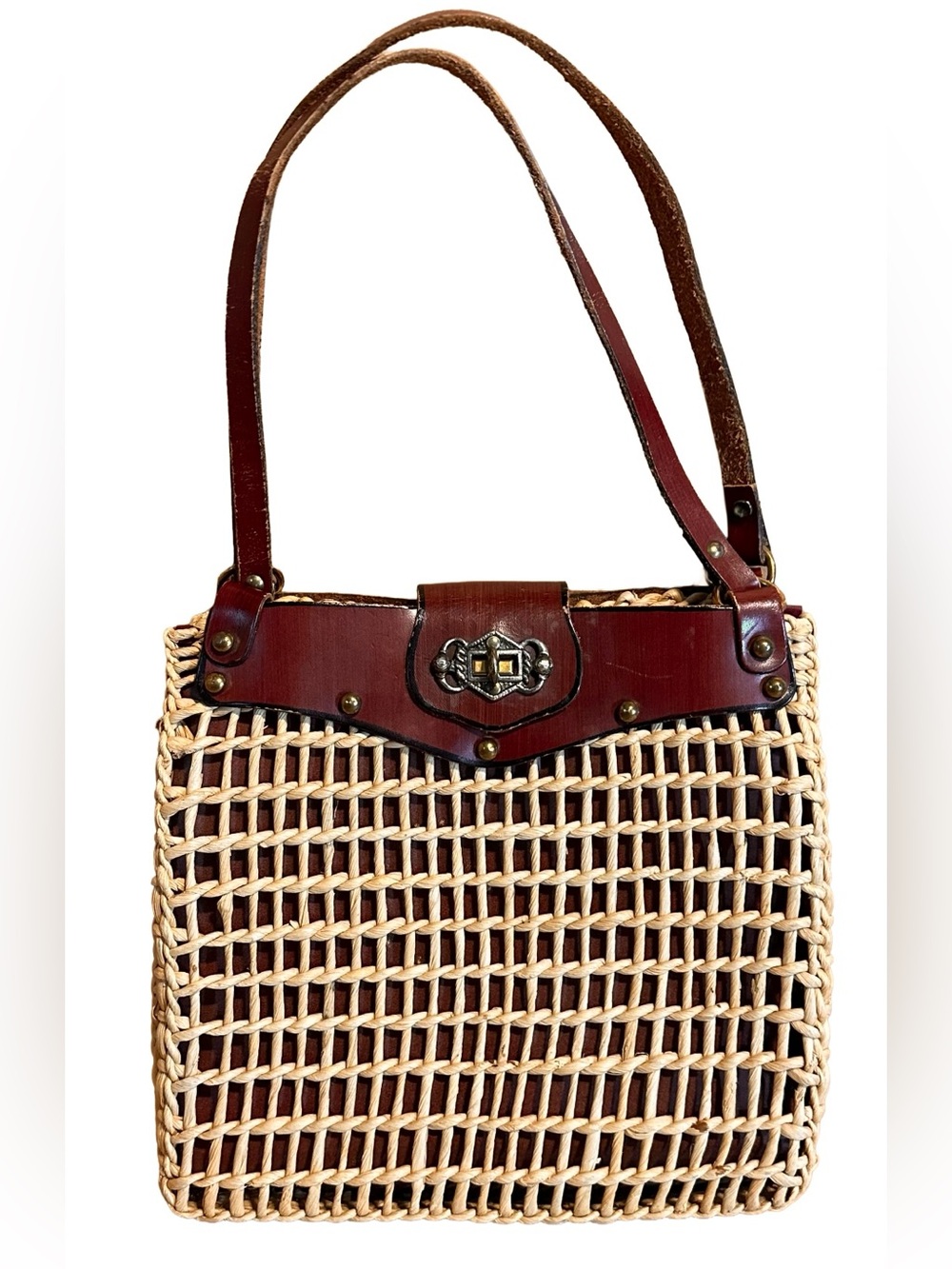 VINTAGE 1980'S DARK MAHOGANY BROWN LEATHER AND STRAW SHOULDER TOTE BAG